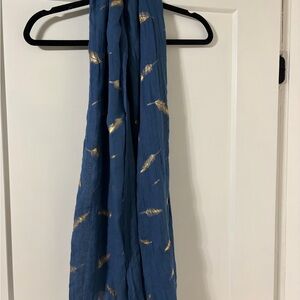 Blue Scarf with Gold Feather Accents